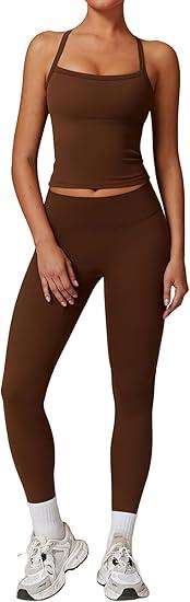 Womens Workout Sets Two Piece Cross Back Tank Top Matching High Waist Leggings Sets Gym Outfits Work Out Clothes 6 XS