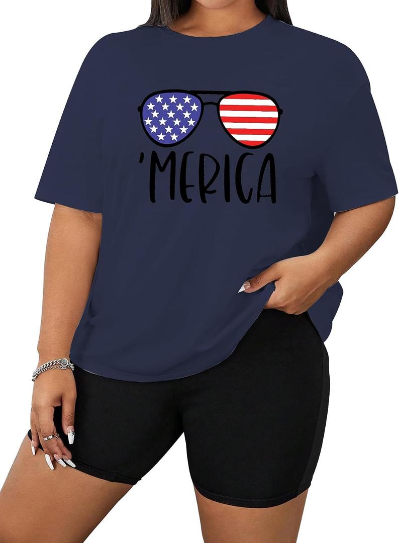 Women's Plus Size 4th of July Tops USA Shirt Memorial Day Red White and Blue Patriotic Shirts American Flag Graphic Tees (Blue-3,4XL) (Blue)