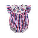 Bonangber Fourth of July Baby Girl Outfit Plaid Print American Flag Romper Smocked Bodysuit Cute Baby Girl 4th of July Outfit(G-Blue American Flag,12-18 Months) (Blue)