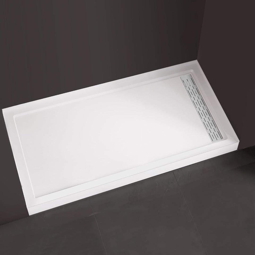 MORVANO Shower Base 60" x 32" Right Drain, Shower Pan Kit With Stainless Steel Cover, Non-Slip Acrylic in White, Brush Nickel for Bathroom