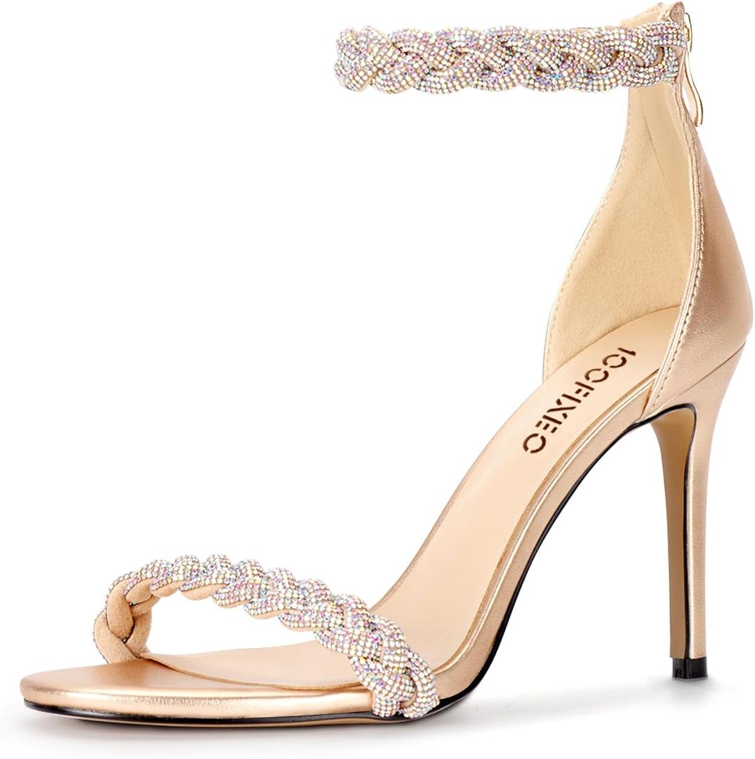 100FIXEO Women's Rhinestone Open Toe Stiletto Heeled Sandals Elegant Ankle Strap Wedding High Heels Sexy Dressy Shoes (8.5, Champagne)