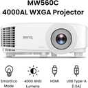 BenQ WXGA Business Projector (MW560C) - DLP - 4,000 Lumens High Brightness - 20,000:1 High Contrast Ratio - HDMI, VGA - Auto Keystone Correction - Simple Setup - SmartEco Technology