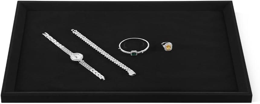 Velvet Ring Earrings Bracelet Necklace Display Tray, Gold Bangle Pendant Jewelry Storage Tray, Shop Counter Table Top Holder Plate, Microfiber Versatile Jewelry Organizer Tray (Black, Large)