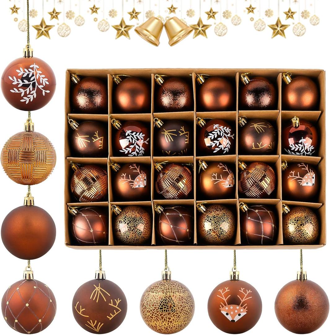 Christmas Balls Ornaments,24pcs Bronze Copper Shatterproof Ball for Xmas,2.36in Plastics Hanging Ball,8 Styles Luxury Brown Hanging Ornaments for Birthday Halloween Mardi Gras Holiday Wedding