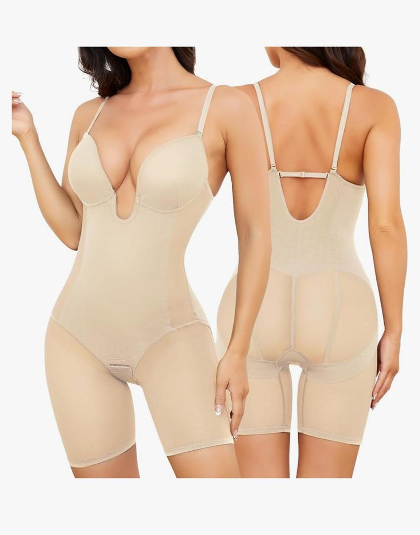 Body Shaper for Women Tummy Control U Plunge Backless Full Body Shapewear Mid Thigh Mesh strapless Bodysuit Top S