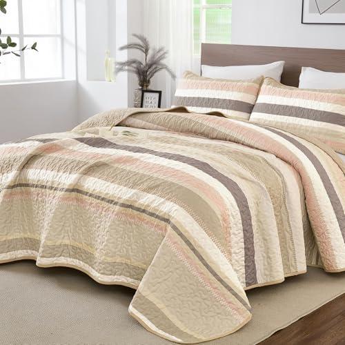 Amazon.com: WONGS BEDDING Quilt Set Queen Size,Beige Striped Pattern Bedspread with Shams,Lightweight Coverlet Bedding Set for Bed 96"x90" : Home & Kitchen