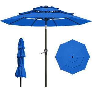 9FT 3 Tiers Patio Umbrella With Auto Tilt And Crank, Outdoor Table Market Umbrella with 8 Sturdy Ribs for Garden, Lawn, Deck, Backyard and Pool