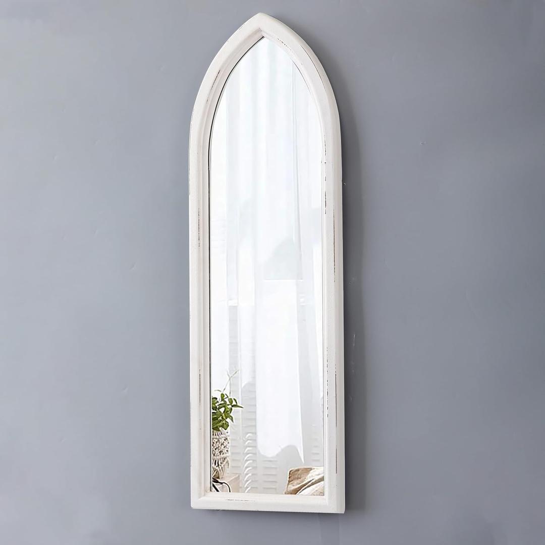 Rustic Arched Long Mirrors for Wall 35 X 12 Inch, Hanging Wood Frame Distressed White Farmhouse Narrow Mirror, Cathedral Wall Mirrors Decorative Living Room Bedroom Entryway