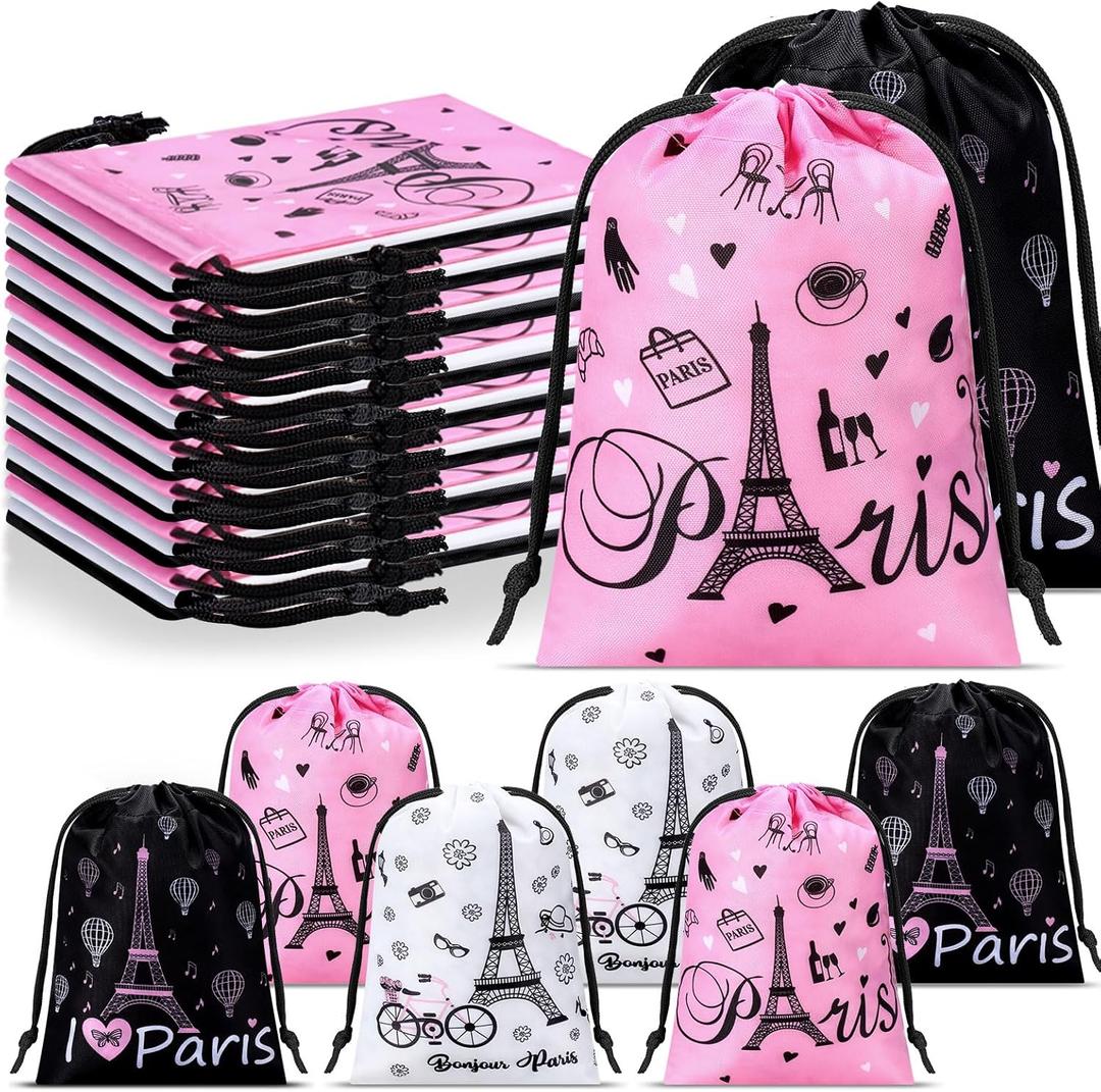 Cunno 24 Pcs Paris Drawstring Bags Favors Eiffel Tower Gift Bags Bulk Paris Birthday Decorations 7.1 Inch Pink White Black Treat Drawstring for Girls Women Gym Birthday Tea Party Supplies