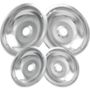 W10196405 W10196406 Stove Burner Drip Pans for Electric Stove Top-Compatible with Whirlpool Electric Range-Thickening to Prevent Bent-Set of 4 Chrome Drip Pans, Silver