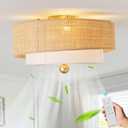 Flush Mount Ceiling Fan with Lights, 20" Caged Boho Ceiling Fan with Light Remote Control, Low Profile Bladeless with 6 Speeds, Drum Rattan Fabric for Bedroom, Nursery, Dining Room, Living Room