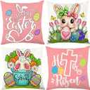 Easter Pillow Covers 18x18 Set of 4, Bunny Eggs Hello Peeps Bunny Hip HopTruck Throw Pillows Cases - Farmhouse Spring Decor Throw Pillow Cases for Sofa Couch Home Easter Decorations