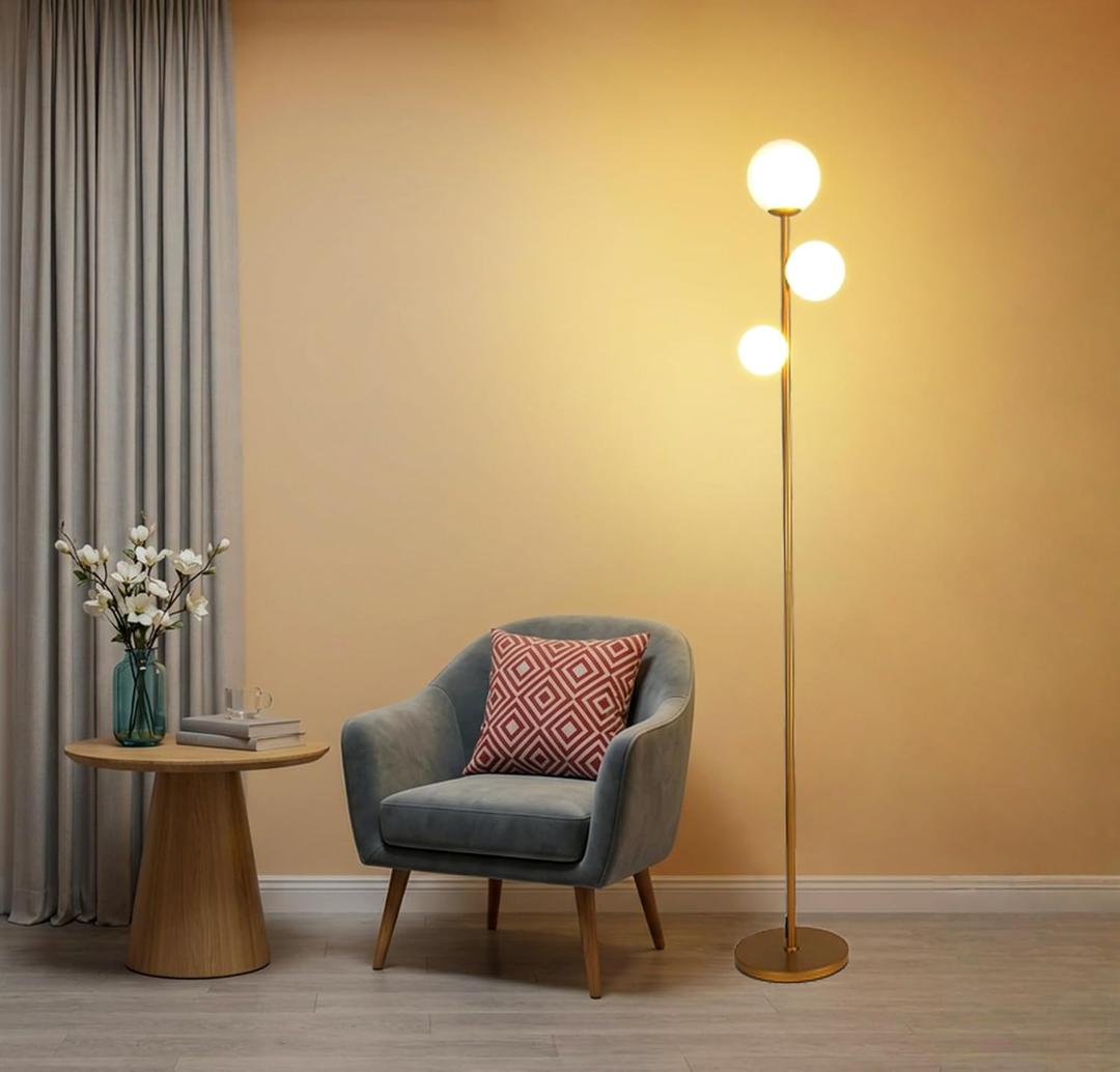 Fiqevs 3 Globe Floor Lamp Mid Century Modern, Gold Standing Lamp with Frosted Glass Shade & LED Bulbs, Tall Pole Light with Foot Switch for Living Room Bedroom Office  Antique Brass