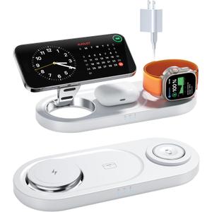 Upgraded 3 in 1 Wireless Charging Station for Apple Devices, Faster Mag-Safe Charger Stand, Magnetic Charger Station for iPhone 16/15/14/13/12 Series & AirPods Pro & Apple Watch Series (White)