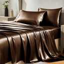CozyLux Satin Sheets Queen Size Bed Set - 4 Piece Silky Queen Sheet Set, Luxury Brown Queen Sheets with Smooth and Soft Microfiber, Includes 1 Fitted Sheet, 1 Flat Sheet and 2 Pillowcases