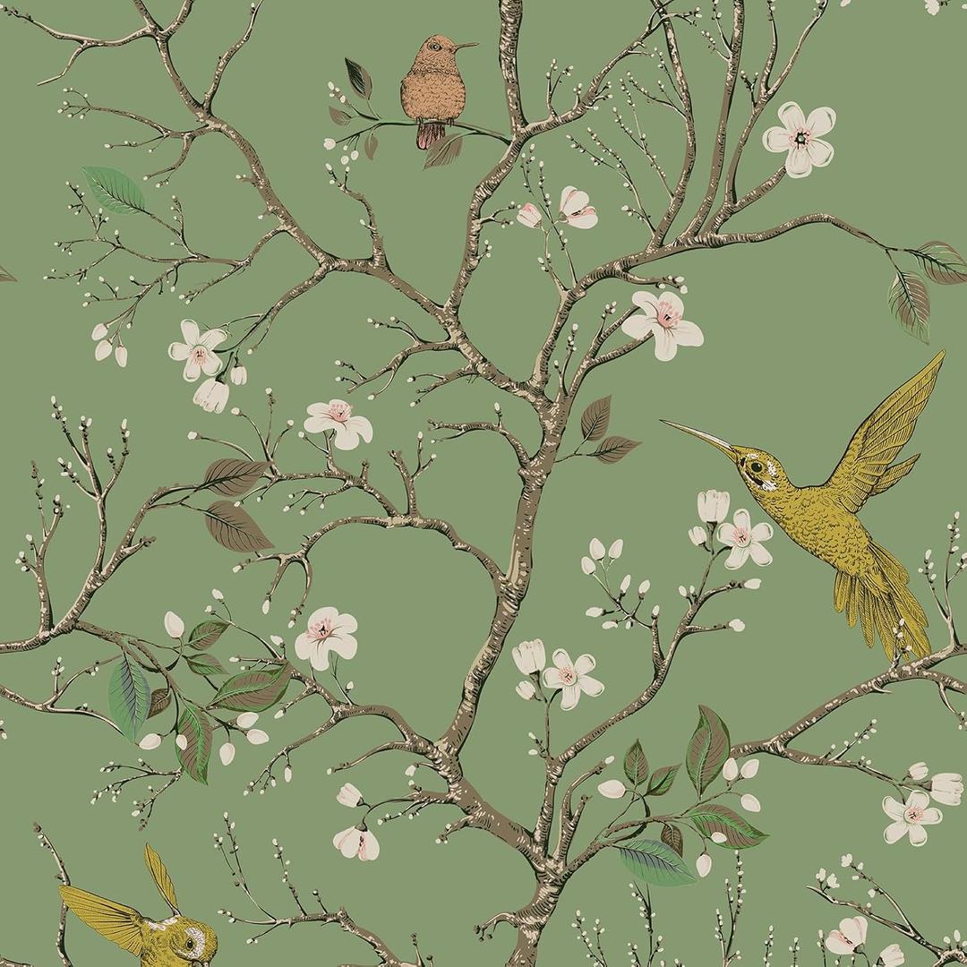 VaryPaper 17.7''x118'' Vintage Birds Floral Peel and Stick Wallpaper Sage Green Floral Contact Paper for Walls Blossom Branches Bird Wall Paper Self Adhesive Removable Wallpaper for Bedroom Nursery