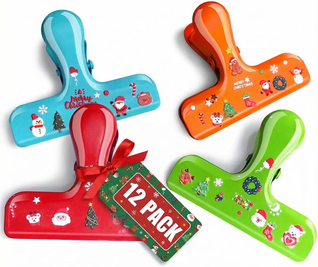 12 Pack Stainless Steel Chip Bag Clips - 4 Colors with DIY Christmas Stickers - Airtight Seal, Heavy Duty, 3 Inch, Perfect for Kitchen & Office Storage, No Sharp Edges, Fun & Functional