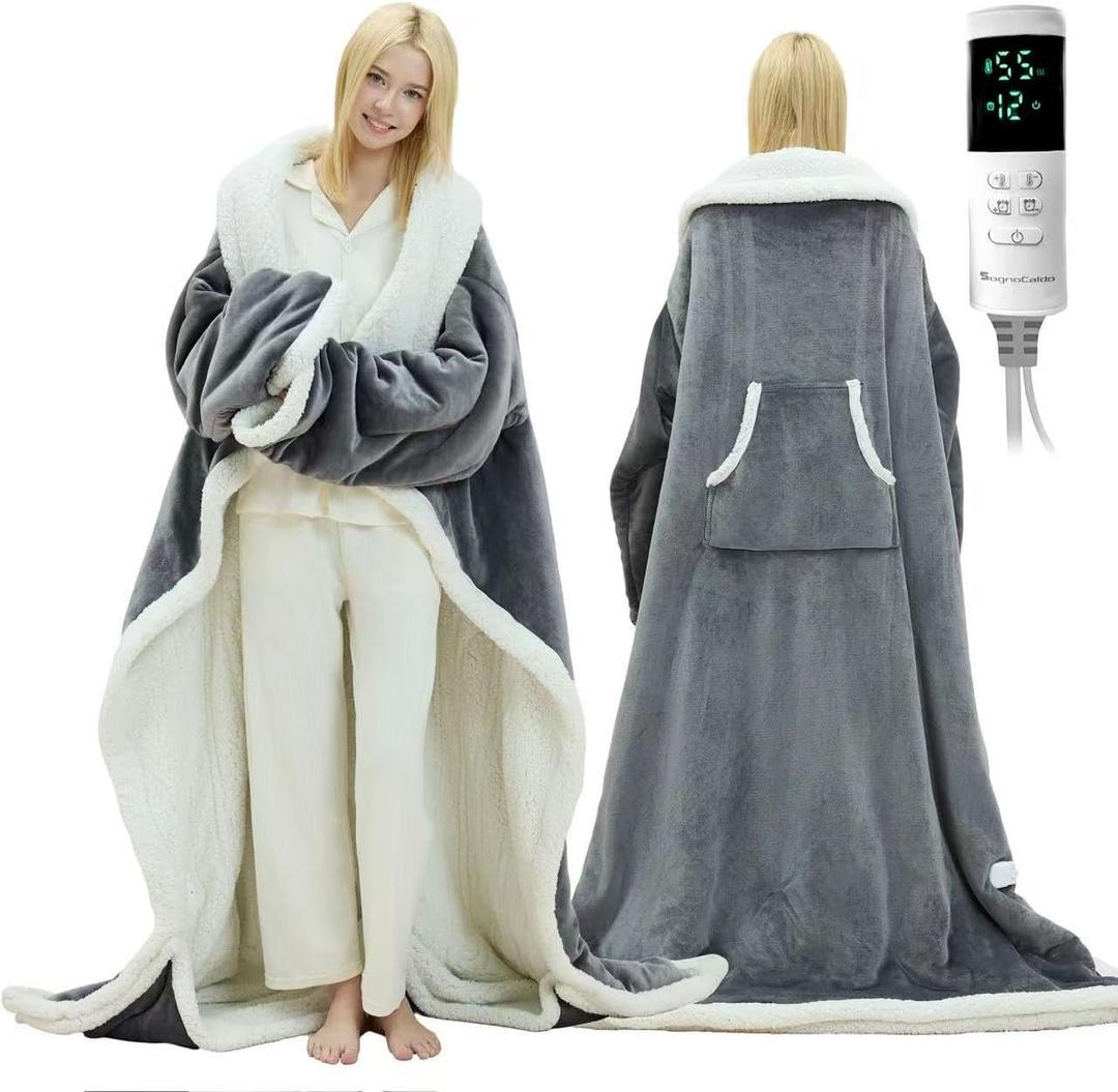 Wearable Heated Blanket with Foot Pocket - Electric Blanket Throw with Sleeves, Heated Snuggle for Women or Adults, Heated Robe with Multi Heat Settings, 1-12 Hours Auto Shut Off (50''x70'' Grey)