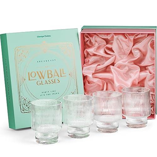 GLASSIQUE CADEAU Vintage Art Deco Lowball Gatsby Cocktail Glasses | Set of 4 | 13 oz Double Old Fashioned Tumblers for Drinking Classic Whiskey, Gin, Vodka Bar Drinks | Round Short Glassware