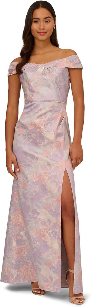 Adrianna Papell Womens Jacquard Off The Shoulder Gown (16, Peri Multi)
