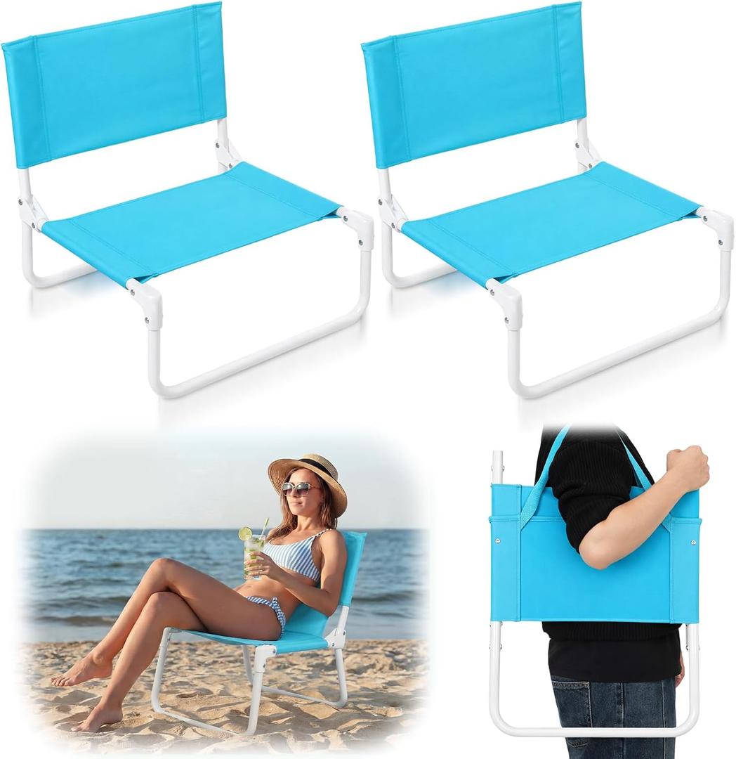 Sintuff 2 Pcs Blue Low Beach Chair for Adults Folding Portable Backpack Beach Chair with Shoulder Strap Poolside Lightweight Short Folding Flip Pool Seat for Edge of Pool Poolside Camping Picnic