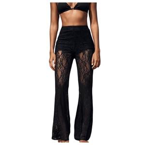 RoseSeek Women's Floral Lace Sheer Mesh Flare Pants Elastic High Waisted Long Trousers Black Large