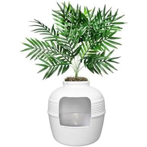 Good Pet Stuff Hidden Cat Litter Box Enclosure with Artificial Plant, Decorative Round Planter, Removable Tray, Charcoal Filter Odor Control, Easy-to-Clean, Made in USA, Essentials Kit, White