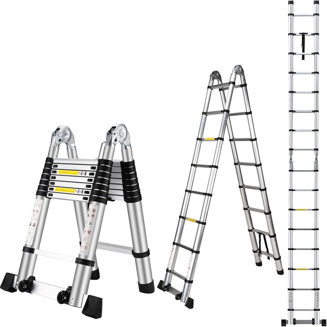 16.5 FT A Frame Telescoping Ladder, Adjustable Multi-Purpose Collapsible Extension w/Balance Bar & Wheels, Heavy Duty 330 lbs Max Capacity, Ideal for Home and Outdoor Work, Silver