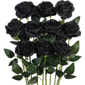 Luyue 10PCS Artificial Roses Flower with Stems Slik Fake Flowers Bouquet Realistic Long Stem Faux Rose for Valentines Day Wedding Home Decor (Black)