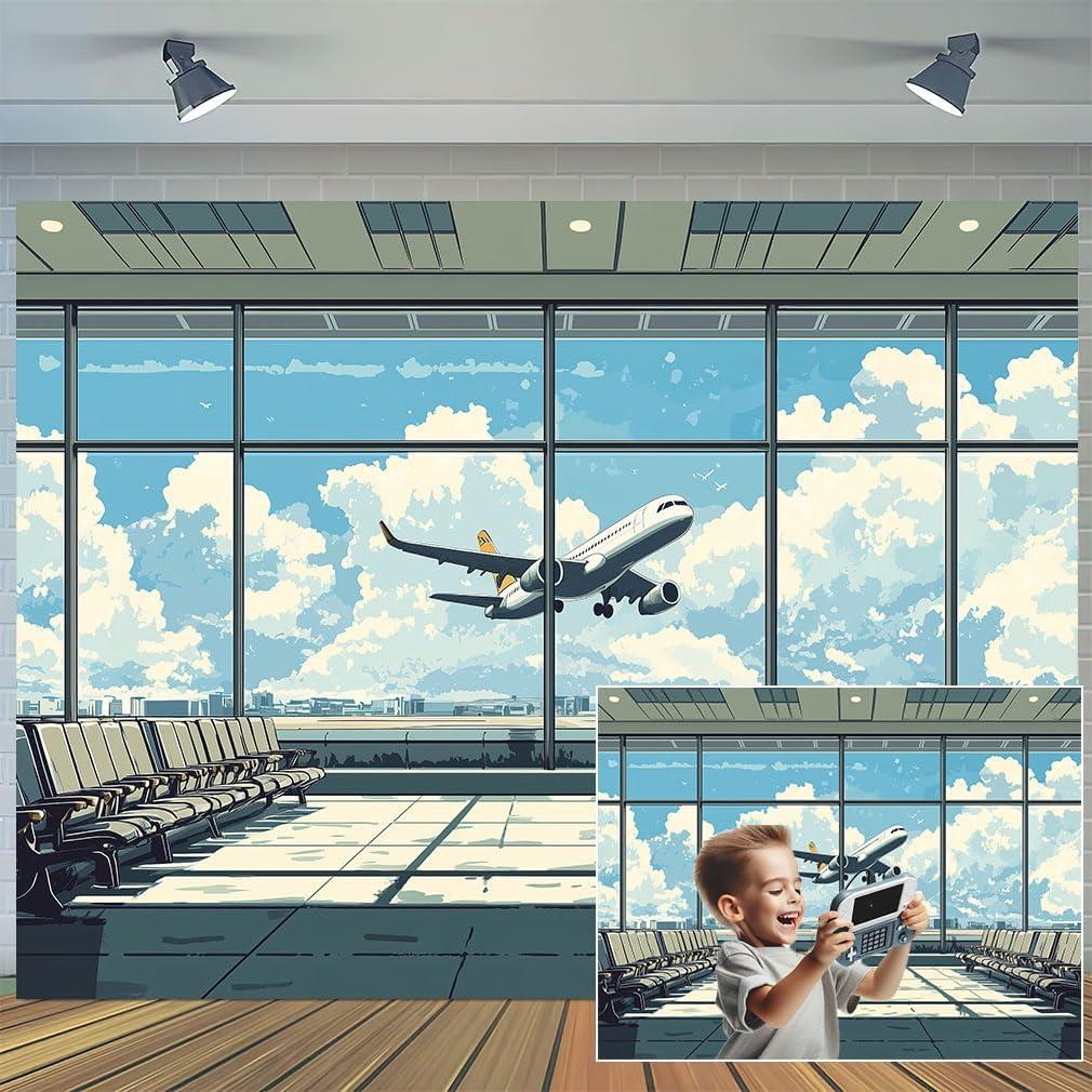 Cartoon Airport Airplane Photography Backdrop, Plane in Departure Area Airport Lounge Terminal Window View Background, Plane Themed Birthday Party Decoration Photoshoot Booth Studio Props 8X6ft