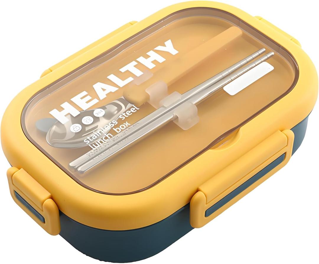 Stainless Steel Lunch Box, 2 Compartment Bento Box for Adults, Easy to Clean, Leak-Proof Design, Food Storage Container with Tableware for Family, Work, Picnics and Travel(800ml, Blue)