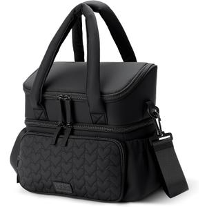 Double Deck Lunch Bag with Insulated & Leakproof Lunch Box & Lunch Tote with Quilting Design, Perfect Cooler Bag for Office, Gym, Yoga, Picnic, Travel (Black)