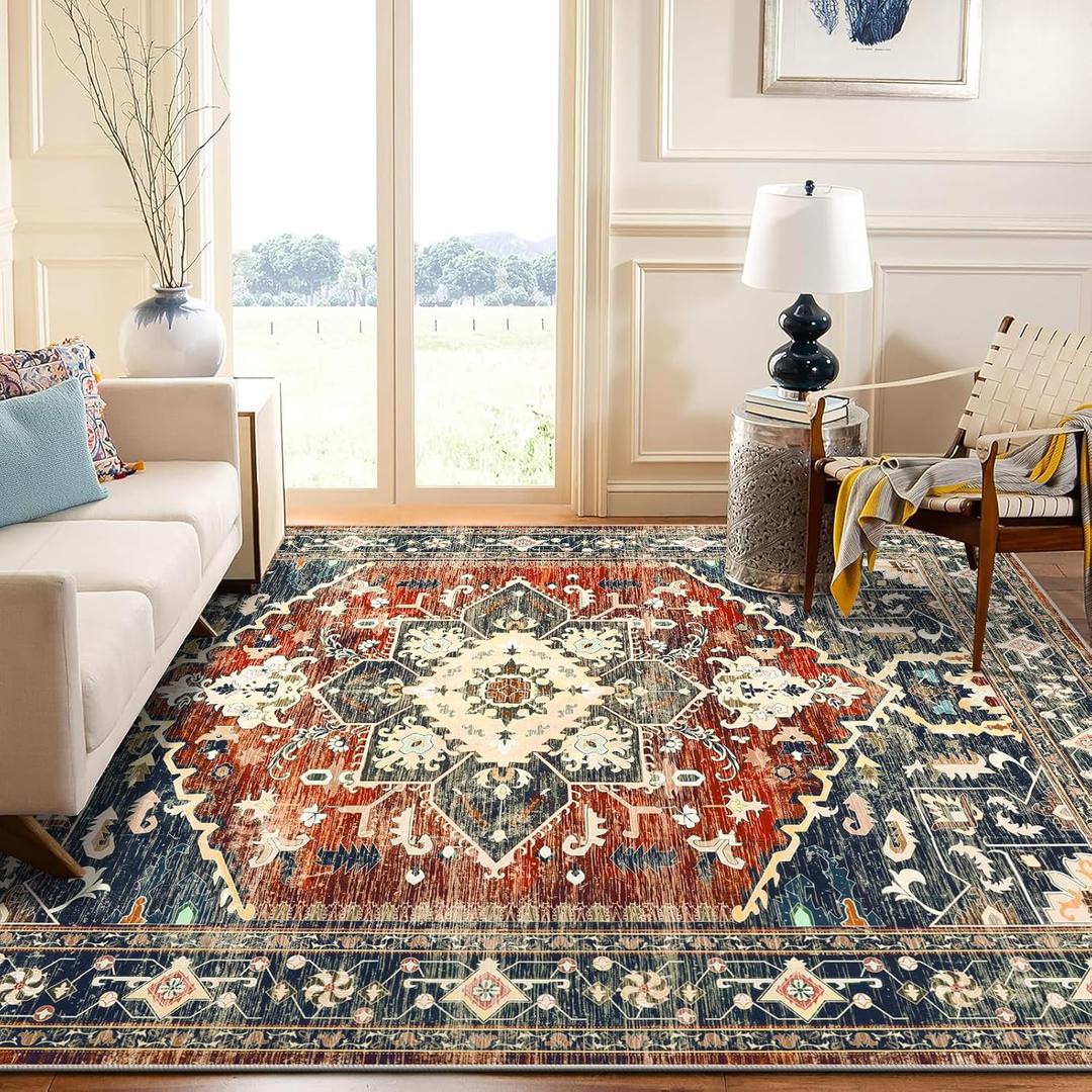 Yamaziot Area Rug 5x7, Non-Slip Washable Boho Vintage Living Room Bedroom Rug with Rubber Backing, Low Pile Faux Wool Soft Distressed Rug Floor Carpet for Living Room, Bedroom, Brick Red