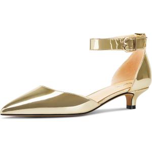 Aachcol Women Kitten Low Heel Ankle Strap Pumps Pointed Toe Sandals Dress Shoes Party Office Wedding 1.5 Inch (6, Gold)