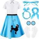 1950s Kids Poodle Skirt 50s Sock Hop Costume with Shirt Scarf Headband Earrings Glasses Socks, 7-9 Years