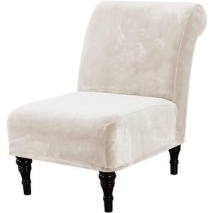 H.VERSAILTEX Armless Accent Chair Covers Thick Velvet Armless Chair Slipcovers High Stretch Chair Covers for Living Room Hotel Machine Washable Furniture Protector with Elastic Bottom, Ivory, 9"D x 11"W x 4"H