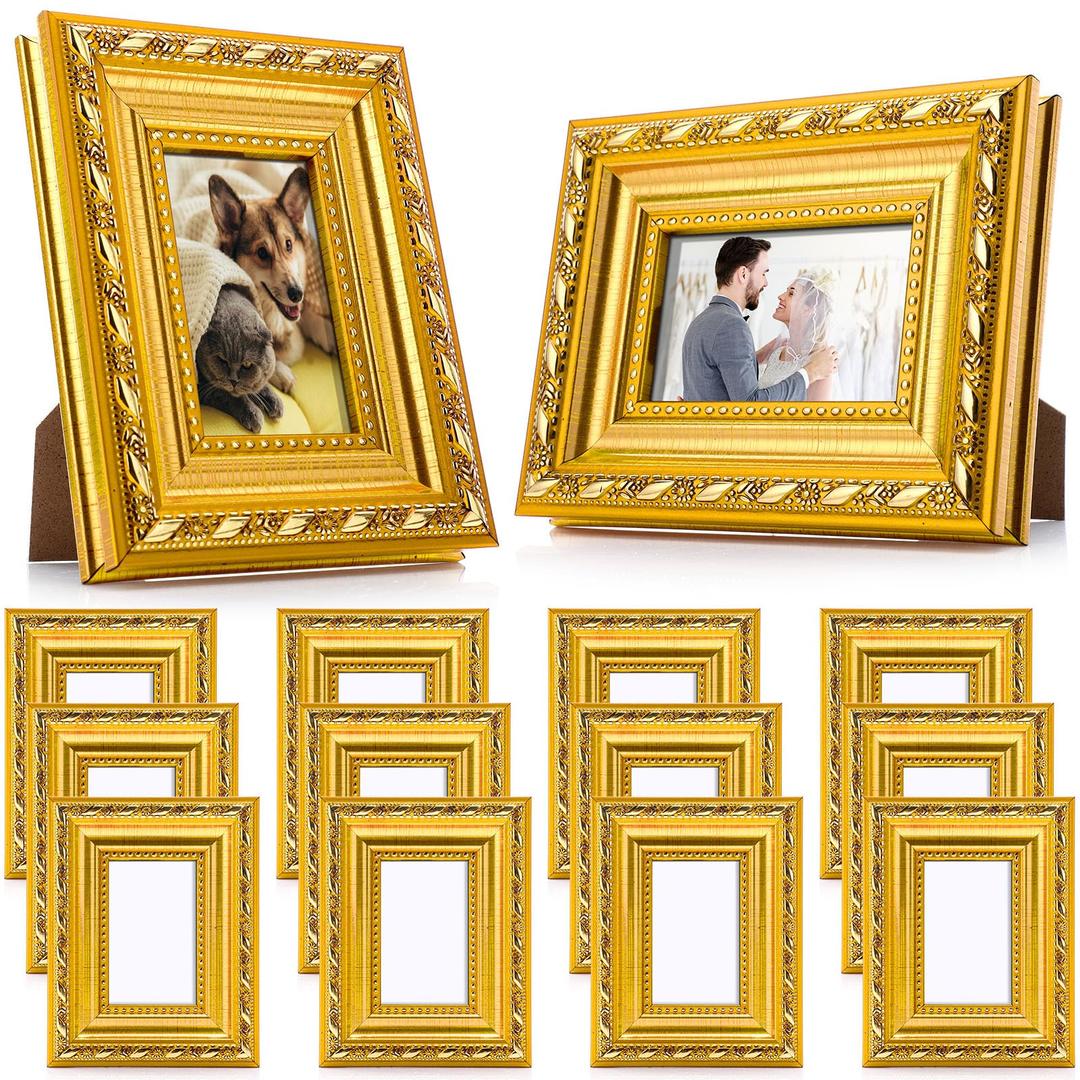 Fiwochic 12 Pcs Gold Small Picture Frames Bulk 4 x 6 Inch Mini Vintage Antique Ornate Retro Baroque Photo Frames with Backboard for Wall Hanging Tabletop Home Decor Wedding Christmas Display