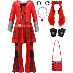 Girl Rise of Red Costume 8 Pcs Princess Red Jumpsuit Full Sets Halloween Copslay Party Dress up for Kids 4-12 Years