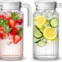 Glass Pitcher with Lid – 2 Pack 55 oz Glass Water Pitcher, Iced Tea Pitcher with Handle, Ribbed Juice Container for Fridge, Glass Beverage Container for Lemonade, Milk, Drinks