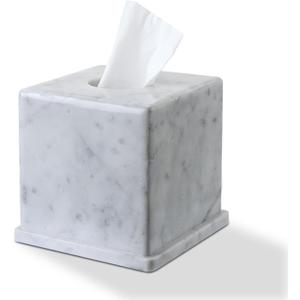 Natural Marble Tissue Box Cover, Carrara White Tissue Organizer 6 x 6 x 5.7 inch, Heavy Stone Decorative Box, Square Tissue Box Holder for Home Decor, Kitchen, Bathroom, Bedroom