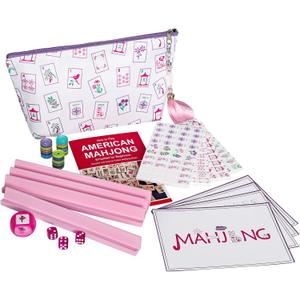 Mini Mahjong Set, American Mahjong Game Set with 160 Acrylic Tiles (0.94), 4 Pink Racks & Thickened White Carrying Bag and Accessories, Portable Travel Mahjong Tiles Set