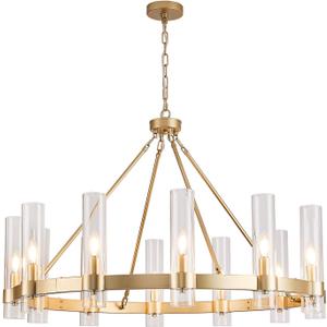 Wagon Wheel Chandelier, 12-Light Golden Farmhouse Round Chandelier, Industrial Lighting fixtures, Glass Pendant Light Suitable for Porch, Dining Room, Living Room, and Bedroom.