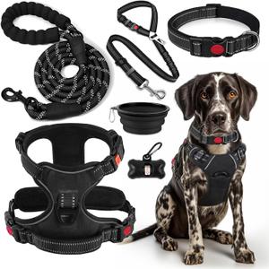 No Pull Dog Harness, Collar & Leash Set | Includes Dog Seat Belt, Collapsible Bowls & Poop Bag Dispenser. Ideal for Training, Walking, Hiking. Fits Small to Large Dogs(Black-L)