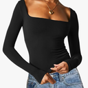 Beumissy Women's Sexy Long Sleeve Square Neck Tops Slim Fitted Double Lined Basic Shirts Large Size
