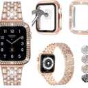 JOHIPI 3 Pack Compatible With Apple Watch Band 38mm 40mm 42mm 44mm + Case, Women Jewelry Bling Diamond Metal Strap with Diamond Case and Glass Screen Protector Case For iWatch Series SE 6 5 4 3 2 1