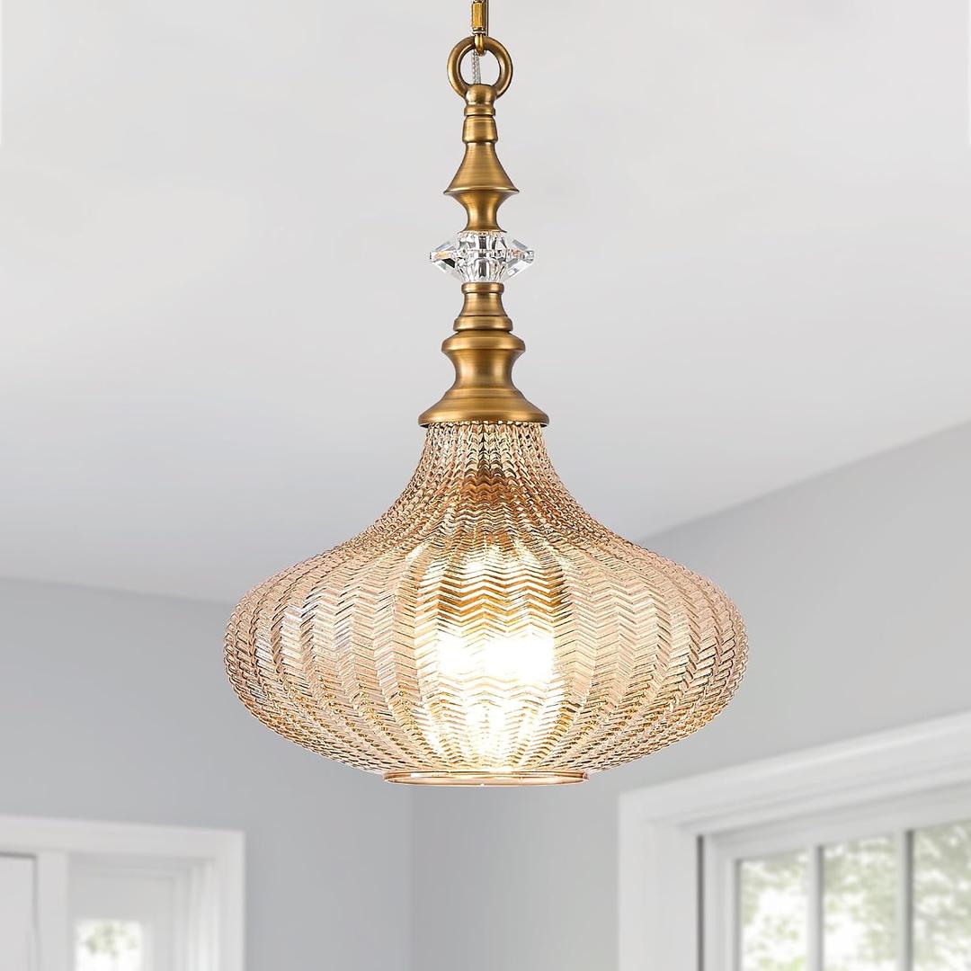 3-Light Vintage Pendant Light Fixtures with Amber Glass Shade, 10.2inches