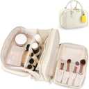 Travel Makeup Bag for Women Fashion Large Capacity Pouch Open Flat Cosmetic Portable Organizer Waterproof Large Opening Storage Toiletry Bags Vertical Free-Standing Brush Holder for Easy Access Beige