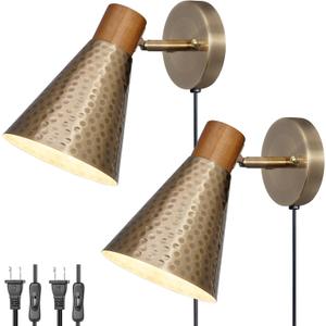 DSMJFU Gold Plug in Wall Sconces Set of 2, Modern Wall Lamp with Plug in Cord, Wooden Plug in Wall Light with Hammered Metal ShadeWall Mounted Lamp for Bedroom, Living Room, Hallway, Bathroom