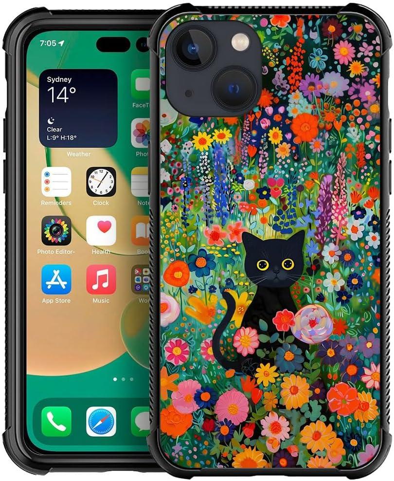 DJSOK Case Compatible with iPhone 13 Mini,H Black Cat in Flowers with Four Corners Shockproof Protection Soft TPU Bumper and Hard PC Pattern Back Case for iPhone 13 Mini