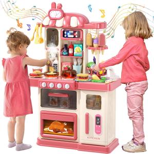 47PCS Kids Kitchen Playset with Sound & Light, Cooking Stove with Steam, Play Sink and Toy Kitchen Accessories - Pretend Kitchen Play Food Toys for Boys and Girls, Toddler Kitchen Set (Red)